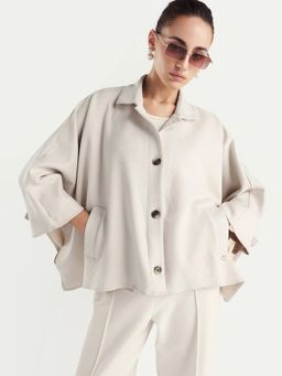 RAREISM - Women's Macqua Light Beige Suede Spread Collar Plain Boxy Fit Jacket