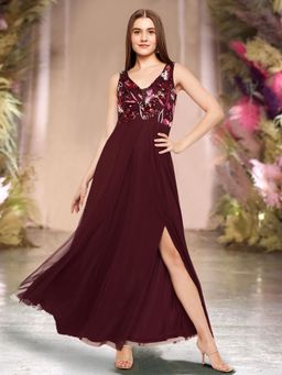 Martini - Women Maroon Embroidered Slit Western Gown
