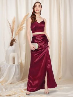 Martini - Women Western Maroon Satin 2 Piece Co-Ord Set