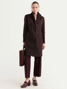 RAREISM - Women's Monchy Prune Polyester Blend Fabric High Neck Regular Fit Overcoat - Burgundy
