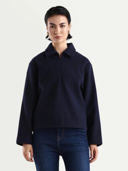 RAREISM - Women's Nacoz Navy Blue Polyester Blend Spread Collar Regular Fit Jacket