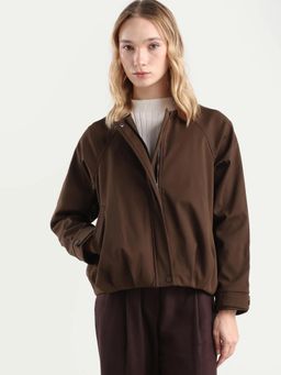 RAREISM - Women's Nira Coffee Polyester Crew Neck Relaxed Fit Jacket