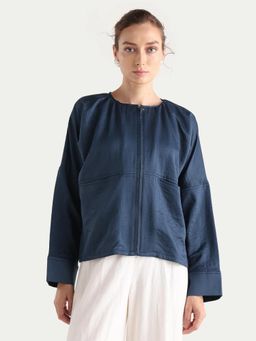 RAREISM - Women's Nisat Navy Blue Polyester Round Neck Relaxed Plain Jacket