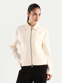 RAREISM - Women's Nizlo Off White Polyester Blend Spread Collar Regular Plain Jacket