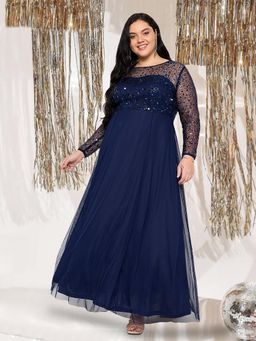 Martini - Women Navy Blue Plus Size Net Embroidery Gown