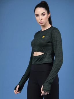 RIGO - Women Full Sleeves Round Neck Slim Fit Active Wear Crop Top-Green