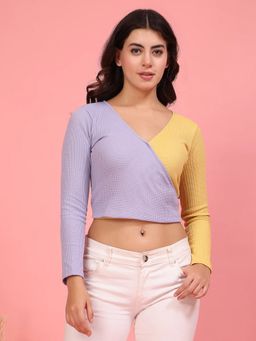 RIGO - Women Colorblock Waffle V-Neck Crop Top-Lime - Yellow