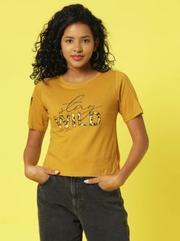 RIGO - Women Yellow Typography Casual Slim Fit Top