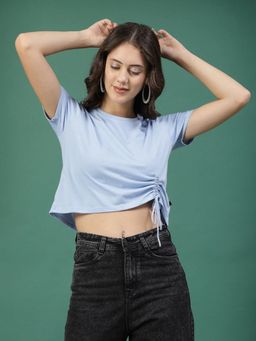 RIGO - Women Sky Blue Ruched Cotton Jersey Crop Top