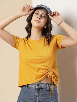 RIGO - Women Yellow Ruched Cotton Jersey Crop Top