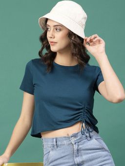 RIGO - Women Teal Ruched Cotton Jersey Crop Top