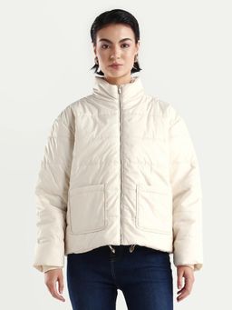 RAREISM - Women's Zapel Off White Polyester Round Collar Boxy Plain Jacket