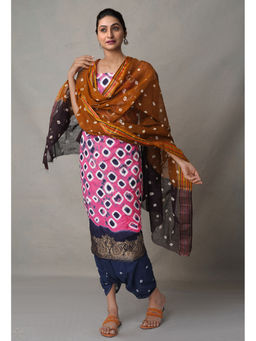 Unnati Silks - Unstitched Pink Pure Bandhani Cotton Salwar Kameez (Set of 3)