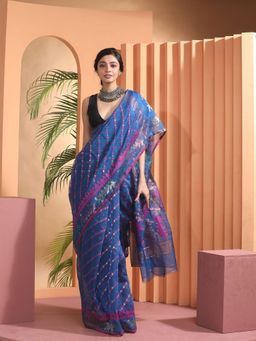 Beatitude - Blue Jacquard Jamdani Saree with Unstitched Blouse