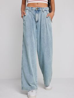 Cider - Blue Denim Pleated Wide Leg Jeans