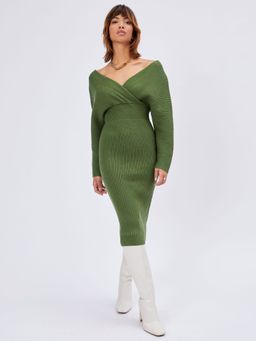 Cider - Green Knit Solid V Neck Dress