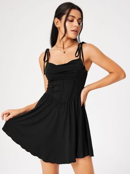 Cider - Cowl Neck Corset Knotted Ruffle Dress