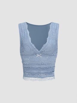 Cider - Blue Self Design Lace Crop Top