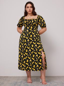 Cider - Curve & Plus Black Fruit Square Neck Puff Sleeve Dress