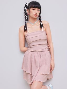 Cider - Pink French Riviera Vacation Tube Ruched Ruffle Dress