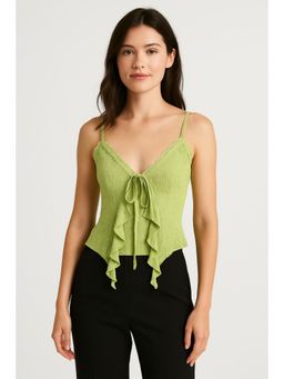 Cider - Green Lace Ruffle Hem Knotted Knit Crop Top