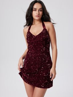 Cider - Wine Sequin V-Neck Halter Dress