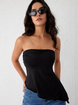 Cider - Black Ruched Asymmetrical Hem Tube Top