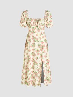 Cider - Beige Lemon Split Knotted Shirred Dress