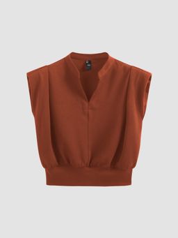 Cider - Brown Mandarin Neck Solid Pleated Crop Top