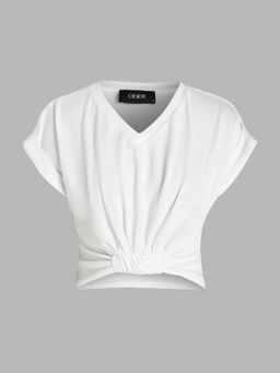 Cider - White V Neck Solid Ruched Crop Top