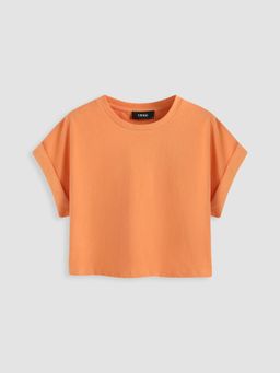 Cider - Orange Round Neckline Solid Short Sleeve Top