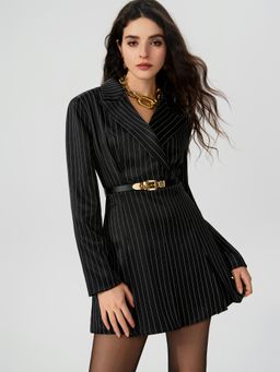 Cider - Black Striped Split Button Blazer Dress with Belt