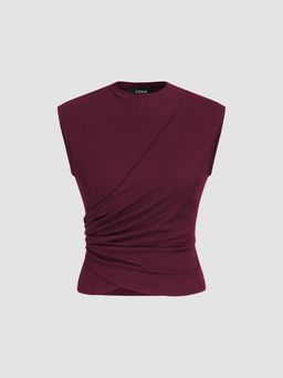 Cider - Wine Rib Round Neck Twist Ruched Tank Top