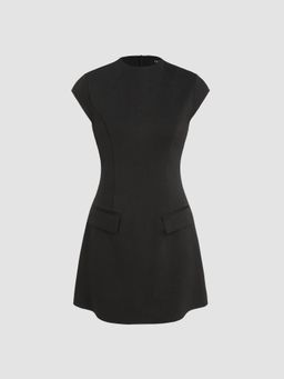 Cider - Black High Neck Solid Zipper Dress