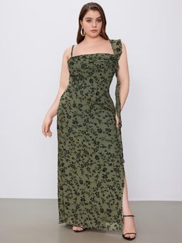 Cider - Curve & Plus Green Mesh Ruffle Hem Floral Dress
