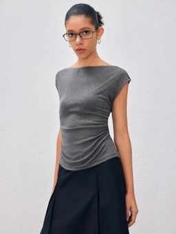 Cider - Grey Boat Neck Solid Ruched Cap Sleeve Top