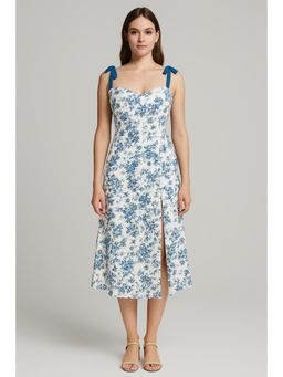 Cider - Curve & Plus Blue Floral Knotted Split Dress