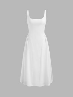 Cider - White Woven Square Neck Solid Dress