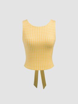 Cider - Yellow Boat Neck Gingham Bowknot Backless Crop Top
