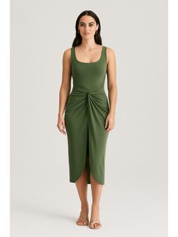 Cider - Green Square Neck Solid Twist Knotted Dress