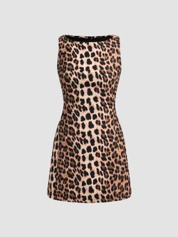 Cider - Brown Boat Neck Leopard Print Zipper Dress