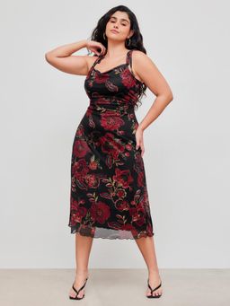 Cider - Black Curve & Plus Mesh Floral Knotted Dress