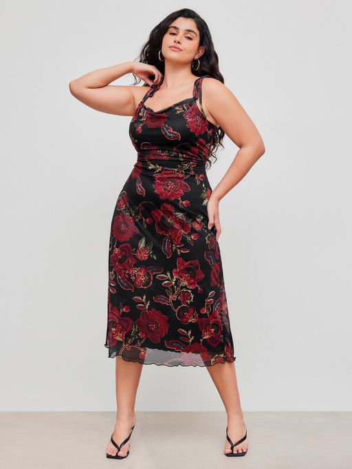 Buy Cider Black Curve & Plus Mesh Floral Knotted Midi Dress (1XL) Online