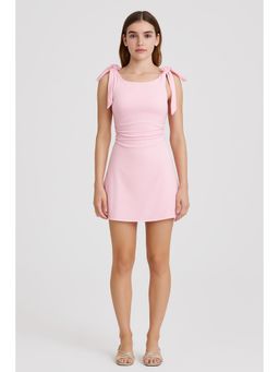 Cider - Pink Round Neck Solid Bowknot Dress