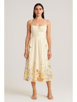 Cider - Beige Shoulder Strap Neck Floral Shirred Dress