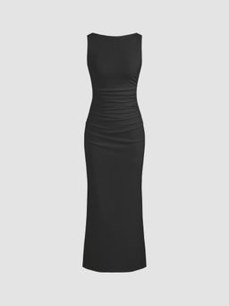 Cider - Black Boat Neck Solid Ruched Split Dress
