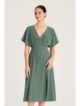 Cider - Green Linen Blend V Neck Solid Ruffle Split Dress