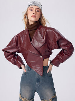 Cider - Solid Faux Leather Button Up Asymmetrical Crop Jacket