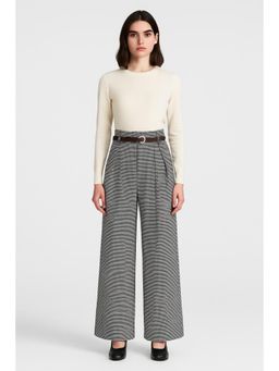 Cider - Houndstooth High Waist Belted Wide Leg Trousers