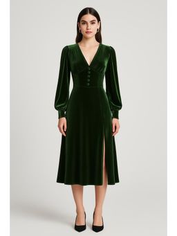 Cider - Velvet Solid V-Neck Split Dress with Balls